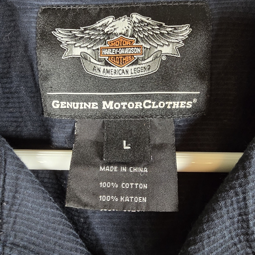 Harley-Davidson Men's Vintage Blue and Black Button Down Shirt Size L Moto - Picture 9 of 14